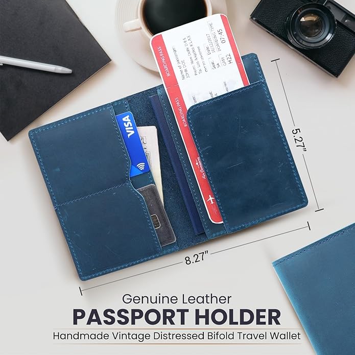 Retro Travel Genuine Leather Passport Holder with Folding Wallet Design