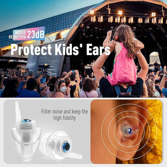 Kids Earplugs (6-12 yrs) - 2 Pairs High Fidelity Concert Ear Plugs for Children, Adults with Small Ear Canals, 23dB Kids Noise Reduction Earplugs for Concerts, Rehearsal, Festival, Party (Blue)