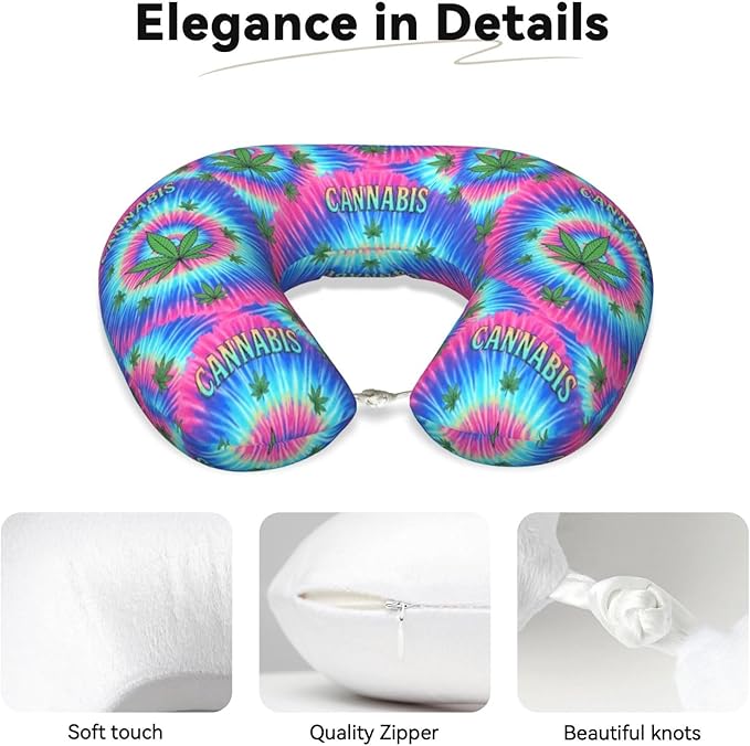 Neck Pillow Memory Foam Travel Pillows Comfortable for Airplane Flight Car Travel Office Nap and Sleeping, Funny Cushion for Head Shoulder Colorful Weedleaf Leaf