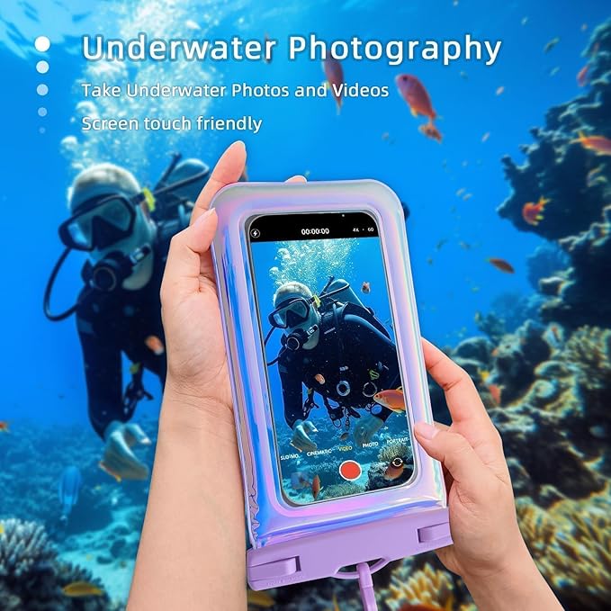 Floatable Waterproof Phone Pouch for iPhone 17 16 Pro Max/15/14/13, IP68 Travel Cellphone Dry Bag Beach Cruise Ship Essentials Bags with Crossbody Lanyard, Iridescent Purple and Pink-7″2 Pax