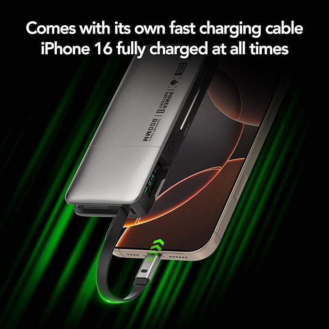 MFish 10000mAh Portable Charger, 45W PD Fast Charging Power Bank with Retractable Built-in USB-C Cable, Flight-Safe Travel Battery Pack for iPhone 17/16 Pro Max, Samsung S25 S24, iPad, Google etc