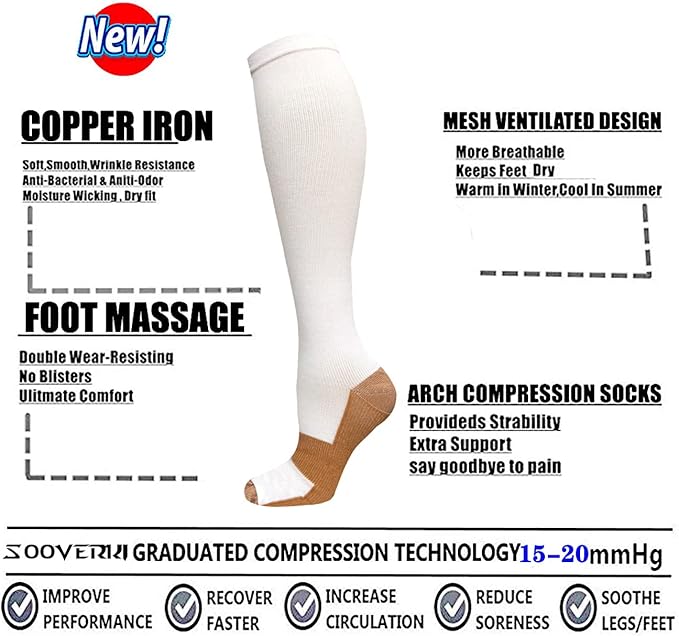 Graduated Copper Compression Socks for Men & Women Circulation 8 Pairs 15-20mmHg - Best for Running Athletic Cycling