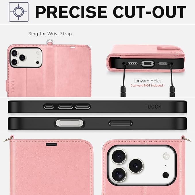 TUCCH Wallet Case for iPhone 17 Pro Max (6.9") 2025, Wrist Strap | 4 Card Slots | RFID Blocking | Stand | Shockproof TPU Shell | PU Leather | Magnetic | Protective Flip Cover | Rose Gold