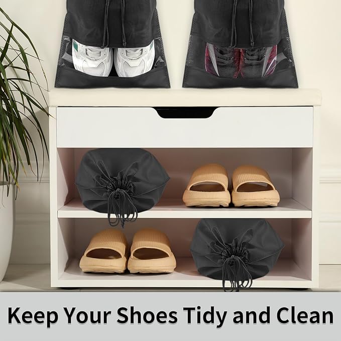 12 Pack Large Shoe Bags for Packing with Clear Window, Dustproof Drawstring Travel Shoe Storage Bags for Men & Women, Black