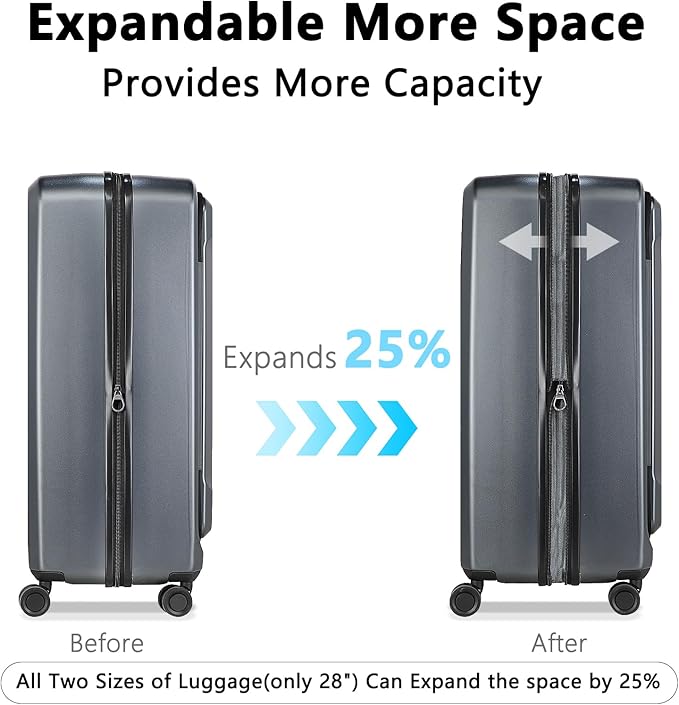 Luggage Sets 2 Piece, Carry On Luggage with Front Pocket & USB Port and 28 Inch Expandable Checked Luggage with Top Opening, Durable PC Hardside Suitcases with Spinner Wheels & TSA Lock, Gray (20/28)