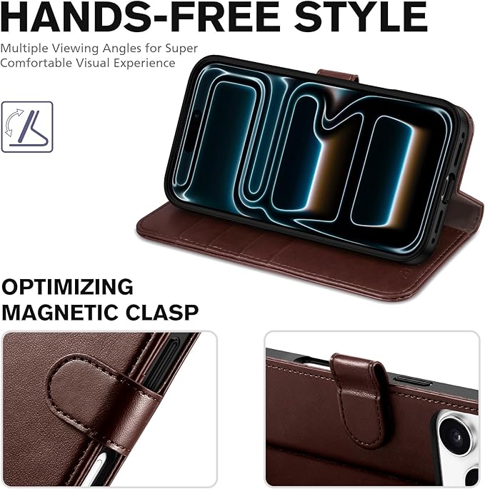 TUCCH Wallet Case for iPhone 17 Pro (6.3-Inch) 2025, 4 Card Holders, RFID Blocking, Stand, Shockproof TPU Shell, PU Leather, Magnetic Closure, Protective Flip Folio Cover, Chocolate Brown