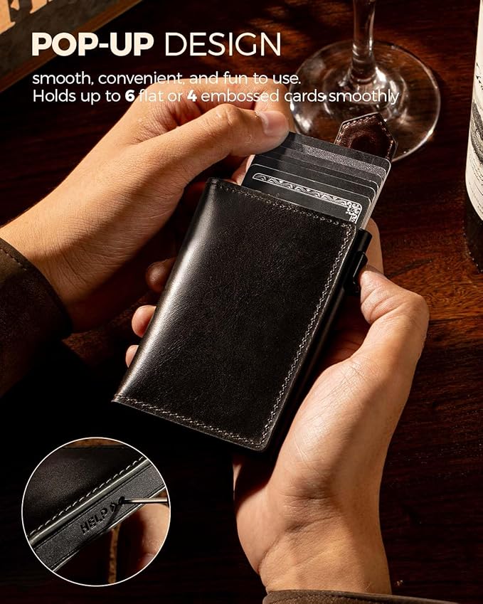 LORZOR Slim Wallet for Men with Security Latch, Pop Up Metal Card Holder Wallet, Finest Full Grain Leather Bifold Wallets, Smart, Minimalist, RFID Blocking, Front Pocket, ID Window