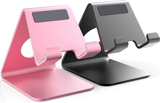 TOPGO 2 Pack Cell Phone Stand, Cradle, Aluminum Desktop Cellphone Stand with Cable Collective for Office Desk, Bedside Table Compatible with iPhone 17 16 15 14 13 12 Pro Max - Black & Pink