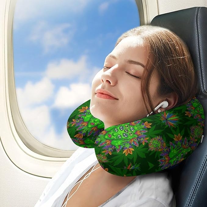 Pain Relief Travel Pillow Memory Foam Chin Support Trippy Eye Leaf Weedleaf Green, Breathable Washable Cover for Airplane Car Office