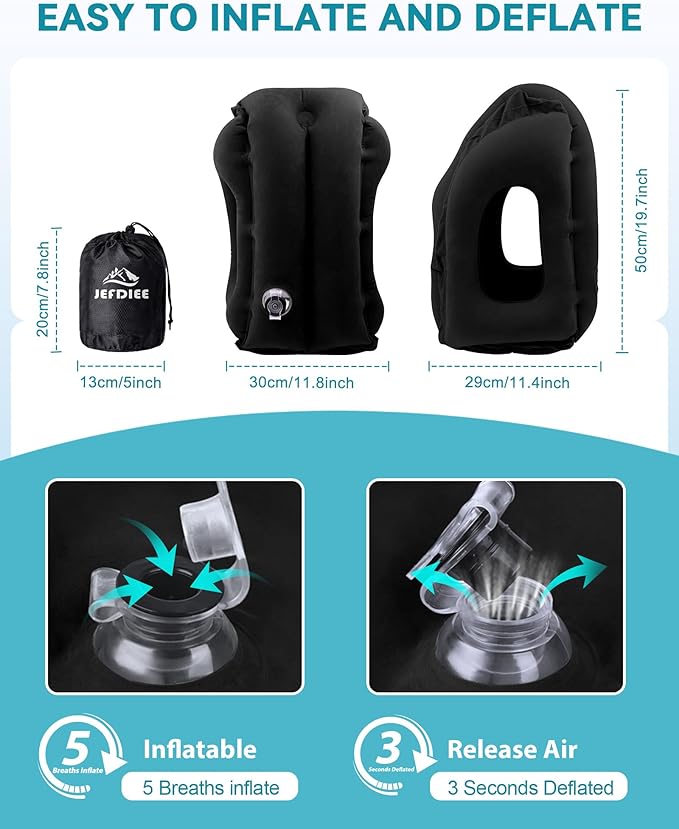 JefDiee Inflatable Travel Pillow, Airplane Neck Pillow Comfortably Supports Head and Chin for Airplanes, Trains, Cars Office Napping on The Tray Table (Black)