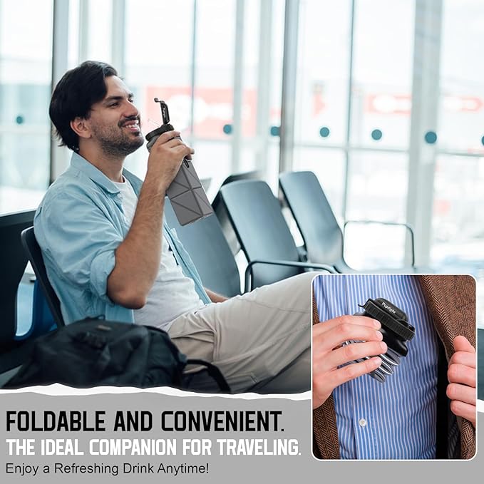 Collapsible Water Bottles 20.6oz Foldable Water Bottle BPA Free Reusable Lightweight LeakProof Travel Silicone Water Bottles for Travel Gym Hiking Camping (Upgrade Dark Grey)