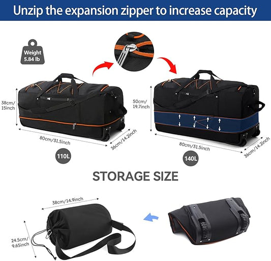 110L Expandable to 140L 32” Foldable Oxford Soft-Sided Rolling Duffle Bag with 2 Heavy-Duty Wheels,3 Large Compartments,Adjustable Shoulder Strap and Attached Organizer Pouch,Black Orange