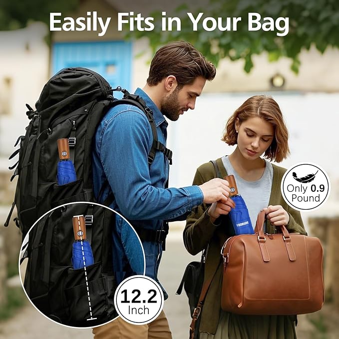 Yoobure Windproof Travel Umbrella with Wood Handle - Automatic Umbrellas for Rain & UV Sun Protection, Compact 46" Large Canopy, Lightweight Backpack Portable for Walking & Outdoor