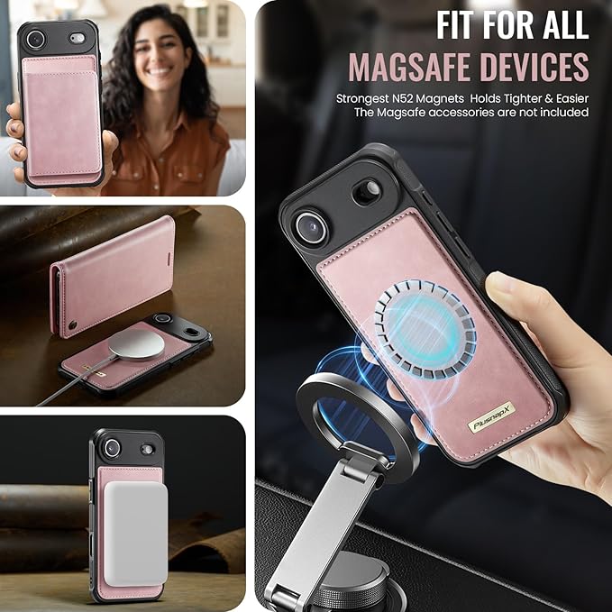 PlusnapX Wallet Case for iPhone Air Compatible with Magsafe, 2-in-1 PU Leather Flip RFID Blocking Card Holder Stand ShockAirof Magnetic Detachable Cover for iPhone 17 Air Case 6.5", Pink