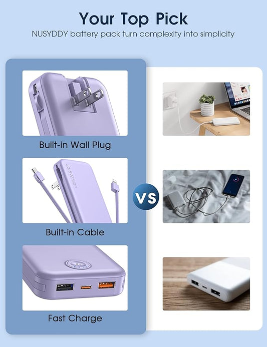 Portable Charger, 12000mAh 22.5W Fast Charging Power Bank with Built-in Cables & Wall Plug, Travel Essential External Battery Pack, USB C Battery Phone Charger for iPhone, iPad, Samsung Purple