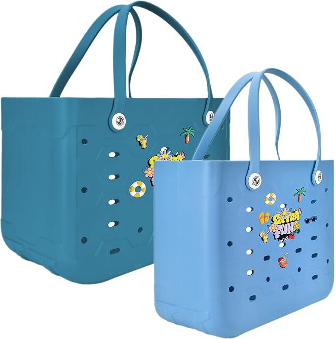 2-Piece Tote Bag Set, Waterproof Rubber Beach Bag with Summer Pattern, Medium & Large Handbag for Pool, Beach, Boat
