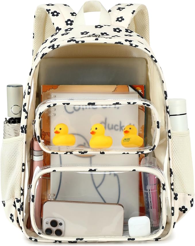 CAMTOP Clear Backpack Heavy Duty Transparent Bag See Through BookBag for Student School Work Festival Sport Travel (Beige Balck Flower)