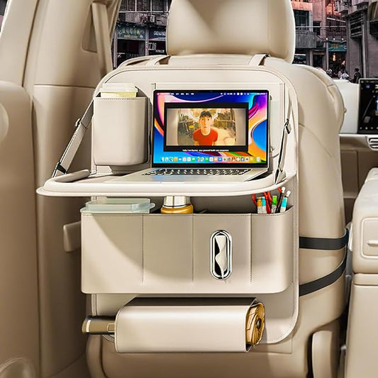 GMQ Backseat Car Organizer with Tray 1 Pack,Car Backseat Organizer with Foldable Table for Kids,Multifunctional Seat Back Organizer with Storage Pockets Car Storage Organizer (Beige)