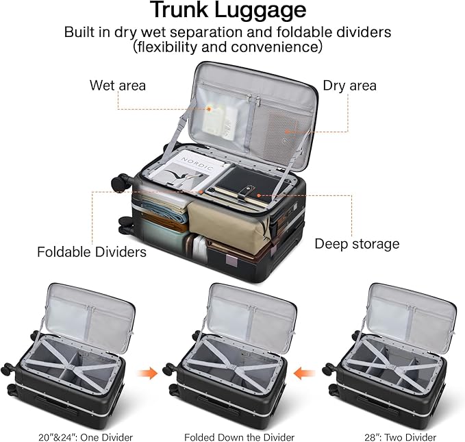 Hanke 24 Inch Luggage with Cup Holder and Charge,Top Opening Hard Shell Suitcases with Wheels and Dividers,Aluminum Frame Trunk Luggage Medium Checked Suitcase with Lock for Travel，Jet Black