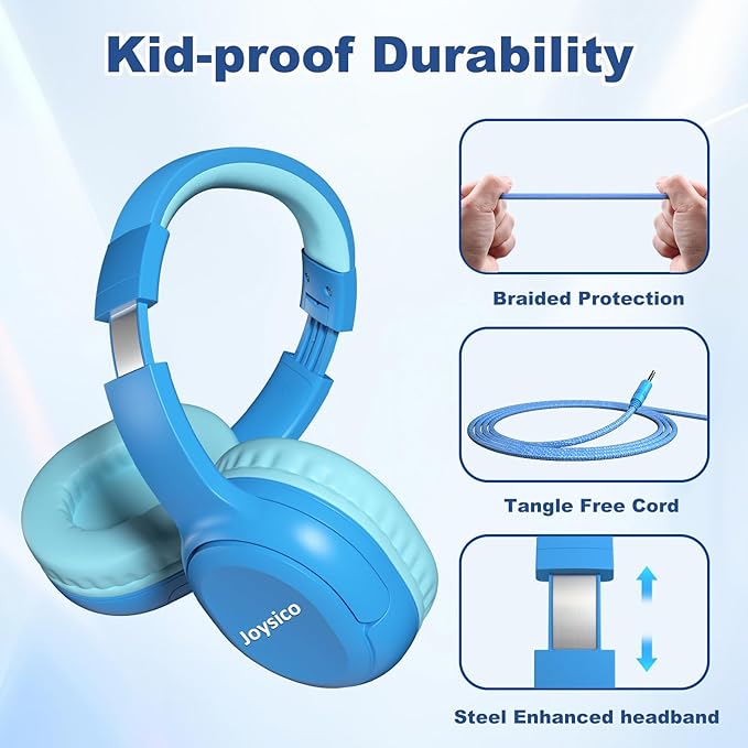 Kids Headphones with Cord & Mic for School Class Airplane Travel, 85/94dB Volume Limit Over Ear Earphones for Boys Girls Teens, Wired Foldable Headset for iPad Tablet Kindle Laptop PC Blue