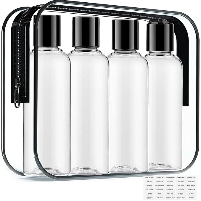 Toiletry Travel Bottles for Men Women, 3.4oz/100ml Refillable Plastic Containers with TSA Approved Toiletry Bag - Clear Cosmetic Kit for Shampoo, Conditioner, Lotion and Travel Essential(4Pack, Black)