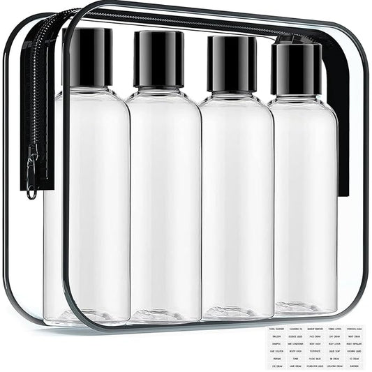Toiletry Travel Bottles for Men Women, 3.4oz/100ml Refillable Plastic Containers with TSA Approved Toiletry Bag - Clear Cosmetic Kit for Shampoo, Conditioner, Lotion and Travel Essential(4Pack, Black)