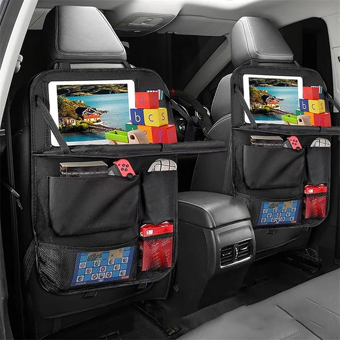 HSEAREA Car backseat organizer,with tablet holder, 6 storage pockets, foldable food tray, car seat back protectors kick mats, travel accessories, black (2)