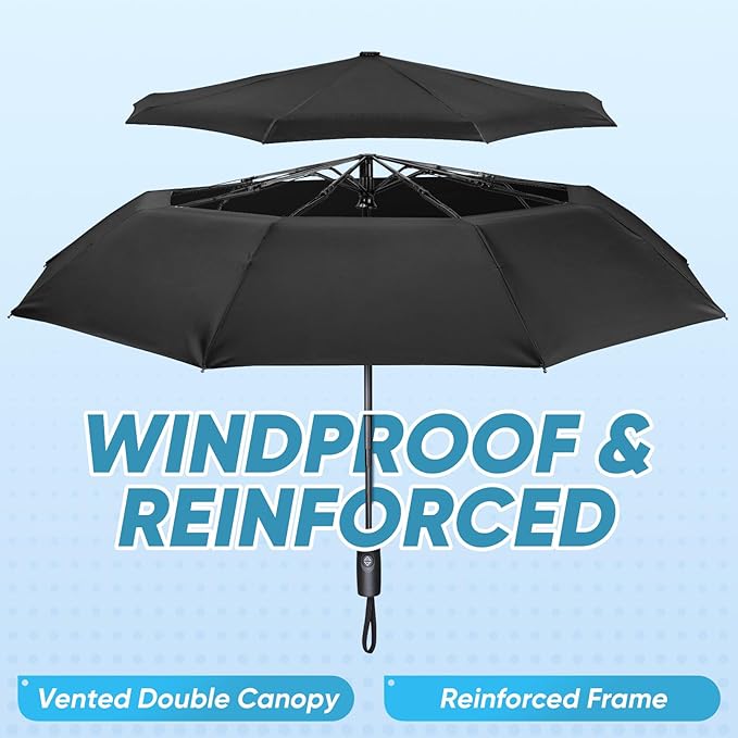 PTEROMY Windproof Compact Travel Umbrellas for Rain and Sun, Withstands 85MPH Winds Auto Open Close Folding Umbrella with Ergonomic Handle, Quick Dry Canopy for Commuting or Backpack