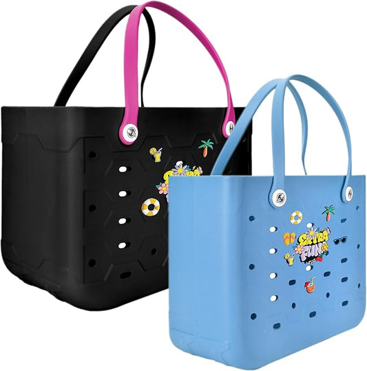2-Piece Tote Bag Set, Waterproof Rubber Beach Bag with Summer Pattern, Medium & Large Handbag for Pool, Beach, Boat