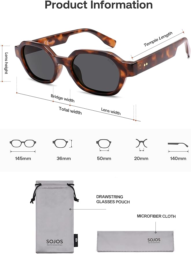 SOJOS Retro Polarized Hexagon Sunglasses for Women Men, UV400 Trendy Rectangle 70s 80s 90s Shades SJ2389