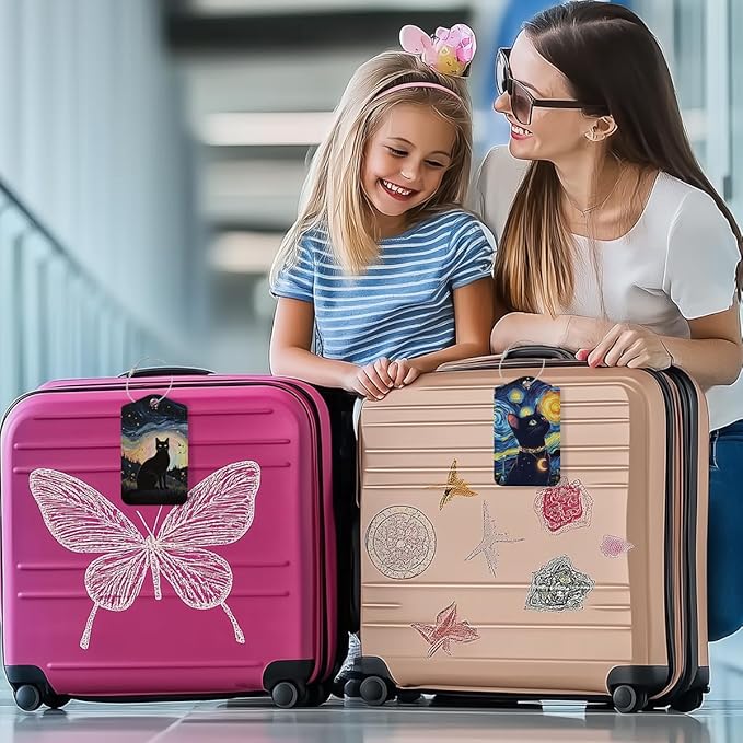 2 PCs Floral Cat Stuff Luggage Tag, Suitcase Tags with Privacy Flap and Metal Loop, Luggage Tags for Suitcases, Identifiers Travel Essentials Bag Tag, Cat Lovers Gifts for Women Girls Friends Sister