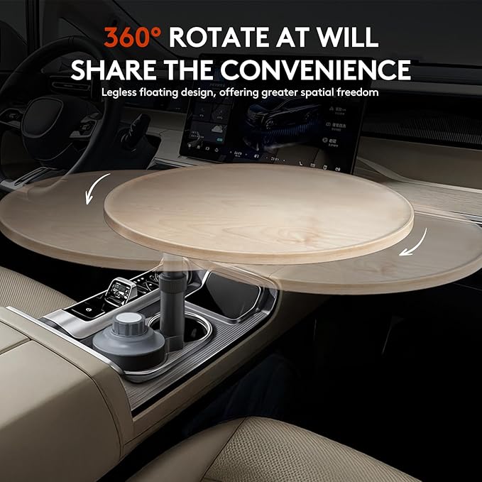 Car Desk for Laptop & Car Table Tray, Height-Adjustable 360° Rotating Wood Car Laptop Mount, Cup Holder Table, Steering Wheel Tray, Compatible with Tesla & Most Vehicles