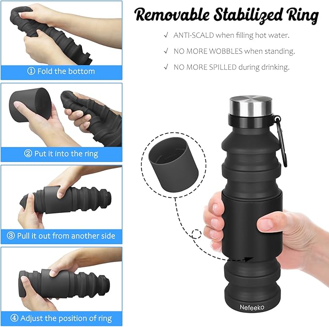 Nefeeko Collapsible Water Bottle, Reuseable BPA Free Silicone Foldable Water Bottles for Travel Gym Camping Hiking, Portable Leak Proof Sports Water Bottle with Carabiner