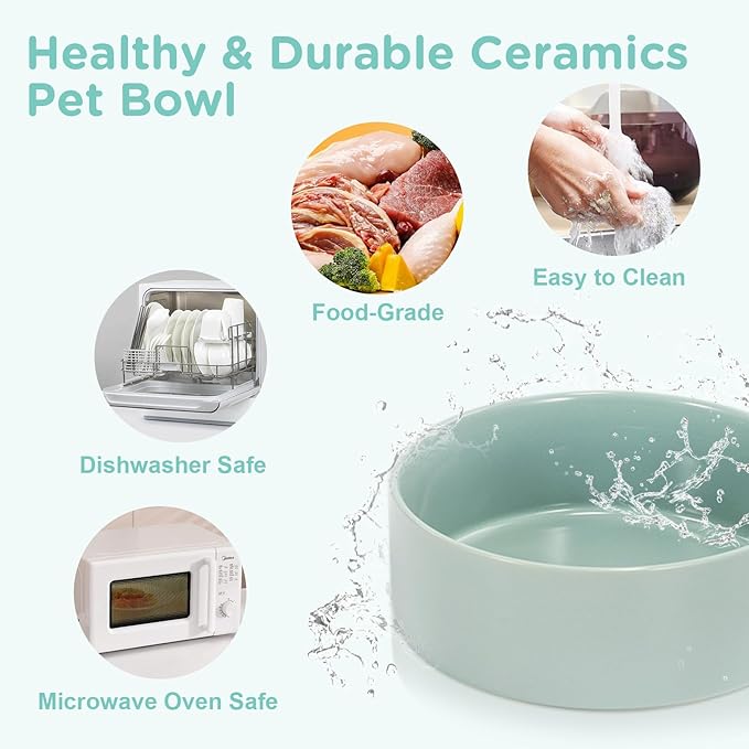 SPUNKYJUNKY Elevated Dog Bowls Ceramic, 6.1'' Dogs and Cat Food Water Bowls Raised with Non-Slip Bamboo Stand for Medium Sized Breed Microwave Dishwasher Safe - 28.7 OZ,Light Green