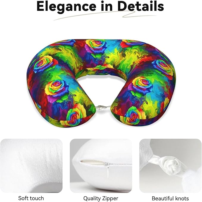 Comfortable Travel Pillow for Pain Relief Sleeping, Memory Foam Airplane Car Neck Pain Pillows Trippy Tie Dye Rose Colorful, Funny Chin Head Support Cushion