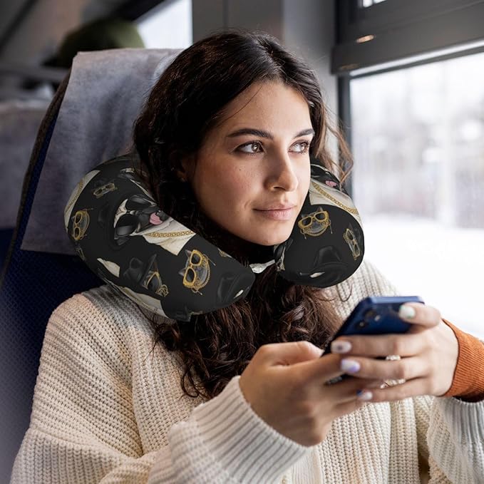 Neck Pillow Memory Foam Travel Pillows Comfortable for Airplane Flight Car Travel Office Nap and Sleeping, Funny Cushion for Head Shoulder It's Pug Life