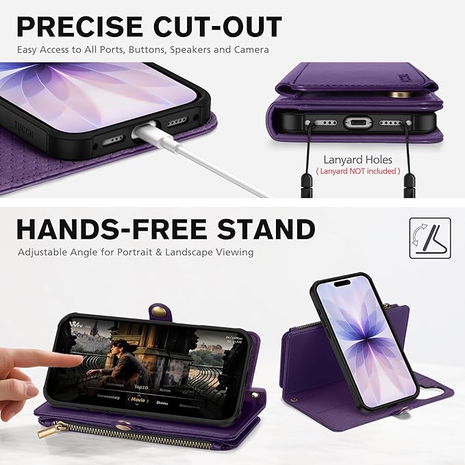 TUCCH Removable Crossbody Wallet Case for iPhone 17 (6.3"), 9 Card Holders RFID Blocking, Lanyard, Wrist Strap, Wireless Charging, Stand, Zipper Pocket, PU Leather, Magnetic Flip Cover, Deep Purple