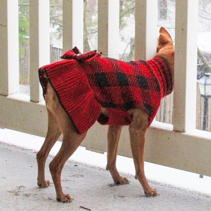 KYEESE Dog Christmas Sweater Dress with Bowtie Checkered, Turtleneck Dog Sweater for Small Dogs Girl with Leash Hole, Holiday Warm Pet Sweaters Dress, Red, Small