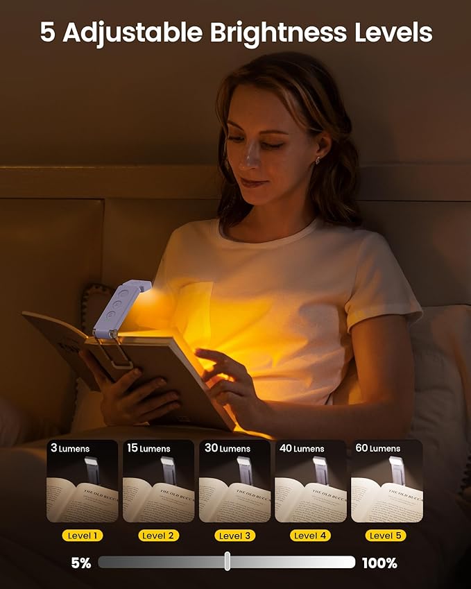 Glocusent 12 LED Rechargeable Book Light, Clip-on Reading Lamp with 5 Colors & 5 Brightness Levels, Up to 100Hrs Runtime, Eye-Caring Reading Lights for Books in Bed, Perfect for Book Lovers, Kids
