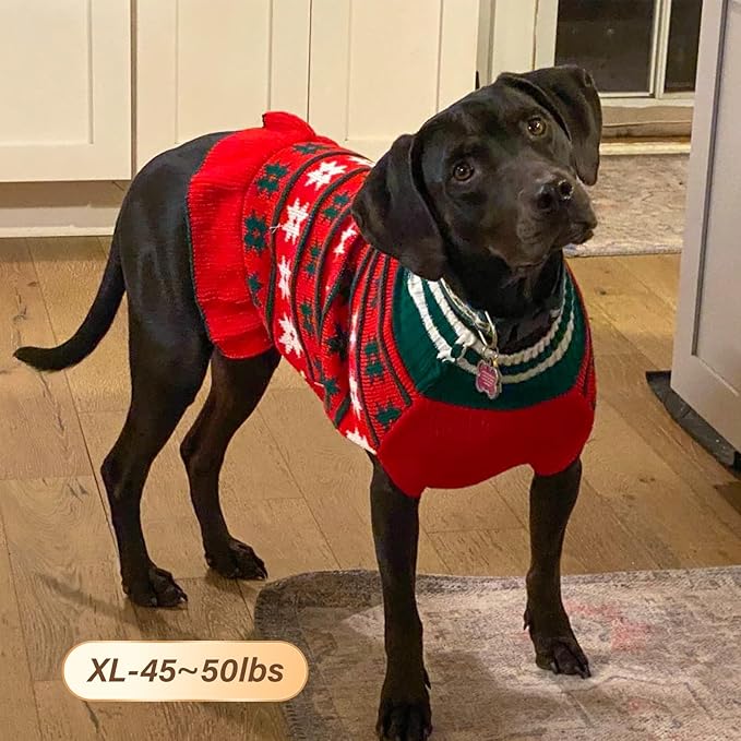 KYEESE Dog Christmas Sweater Knit Dog Sweater for Small Dogs with Snowflake Warm Dogs Clothes Pet Coats Turtleneck Pet Sweater Dress with Leash Hole, Girl Red, X-Large