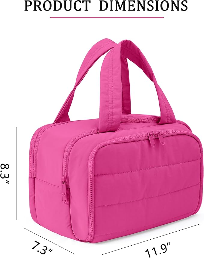 Travel Toiletry Bag for Women, Large Wide-open Puffy Cosmetic Makeup Bag with Wet-Dry Separation, Multi-Pocket Organizer with Carry Handle for Toiletries, Cosmetics, Essentials, Rose Red