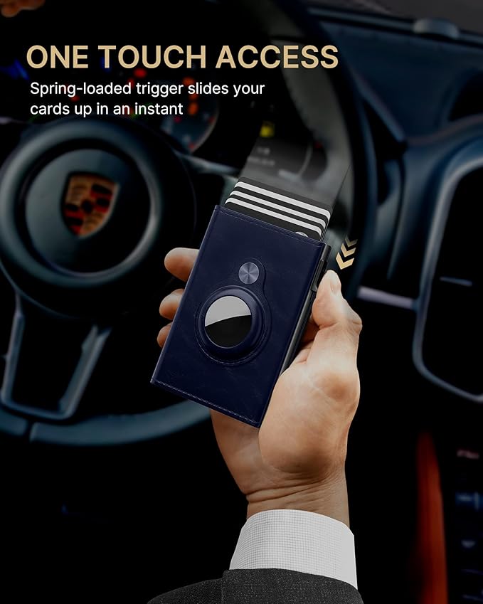 typecase Mens Wallet Card Holder for AirTag: Leather Smart Wallet for Men Compatible with Apple Air Tag, RFID Blocking, Slim, Minimalist - 9-14 Card Capacity | ID Window | Cash Slot (Navy)