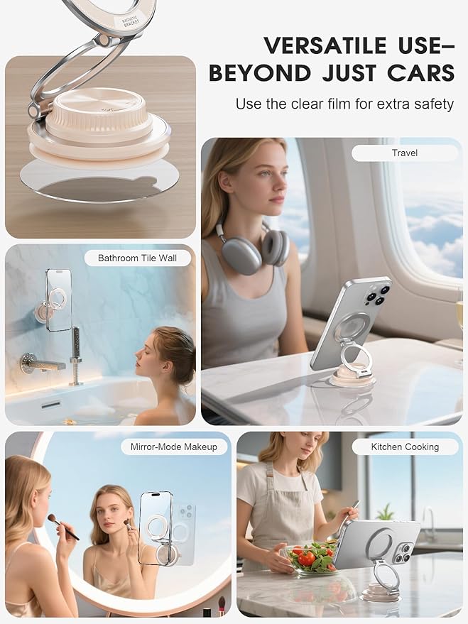 Ultra-Thin Vacuum Magnetic Car Phone Holder for MagSafe[108+LBS Strongest Suction & 3000gf Strongest Magnetic],360°Adjustable Suction Cup Phone Mount for Car,Gym,Mirror,Men Women-Pale Pink