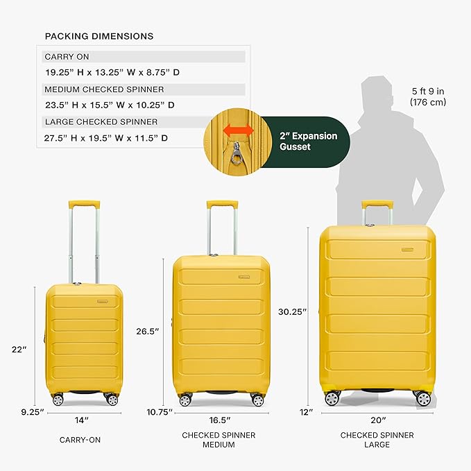 Traveler's Choice Pagosa Indestructible Hardshell Expandable Spinner Luggage, Yellow, 3-Piece Set (22/26/30)