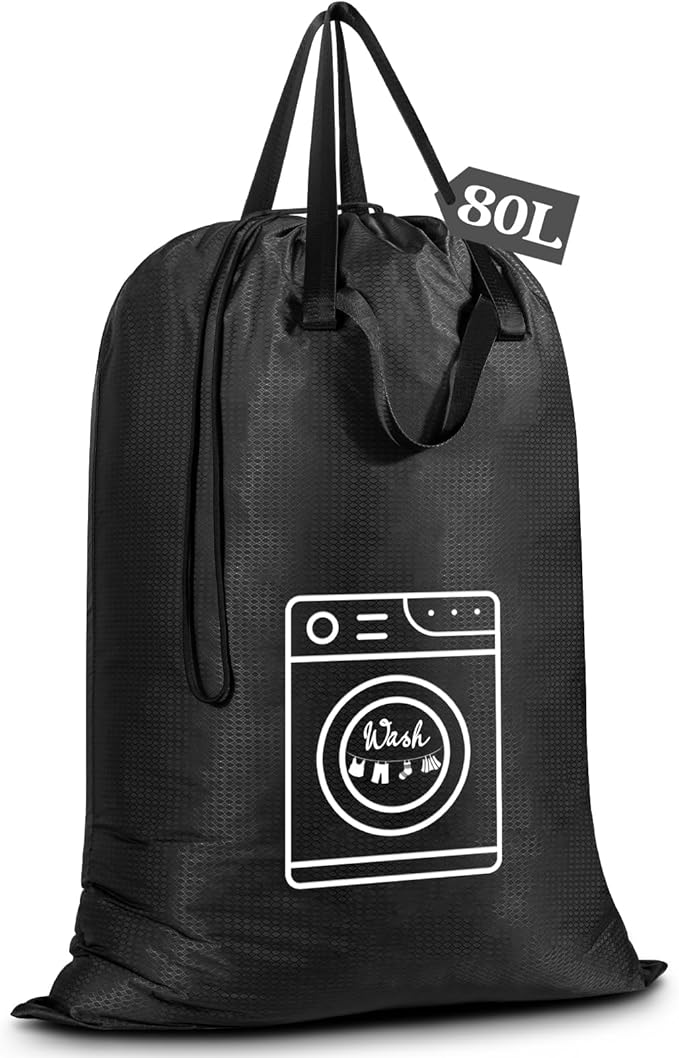 MissBoy Heavy Duty Laundry Bag, Machine Washable Nylon, Splash-Resistant Dirty Clothes Storage Bag with Drawstring & Handles丨Lightweight, Foldable & Space-Saving for College Dorm,Vacations&Trips, 80L