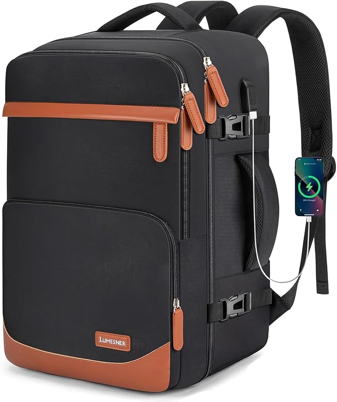 50L Travel Backpack with USB Charging Port, Water-Resistant Carry On Backpack for Men Women, Business Laptop Backpack for Trips & Commutes, Fits 18 Inch Laptop