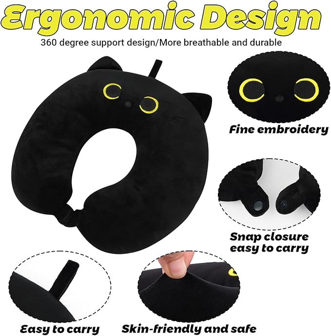 Travel Neck Pillow for Kids Adult, Cute Black Cat Kids Travel Pillow, Cartoon Neck Pillow for Traveling, Soft U Shaped Travel Pillow for Airplane, Car, Recline, Sleeping