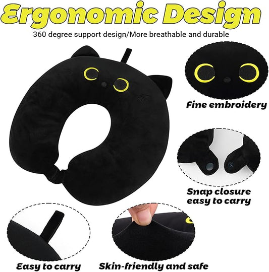 Travel Neck Pillow for Kids Adult, Cute Black Cat Kids Travel Pillow, Cartoon Neck Pillow for Traveling, Soft U Shaped Travel Pillow for Airplane, Car, Recline, Sleeping