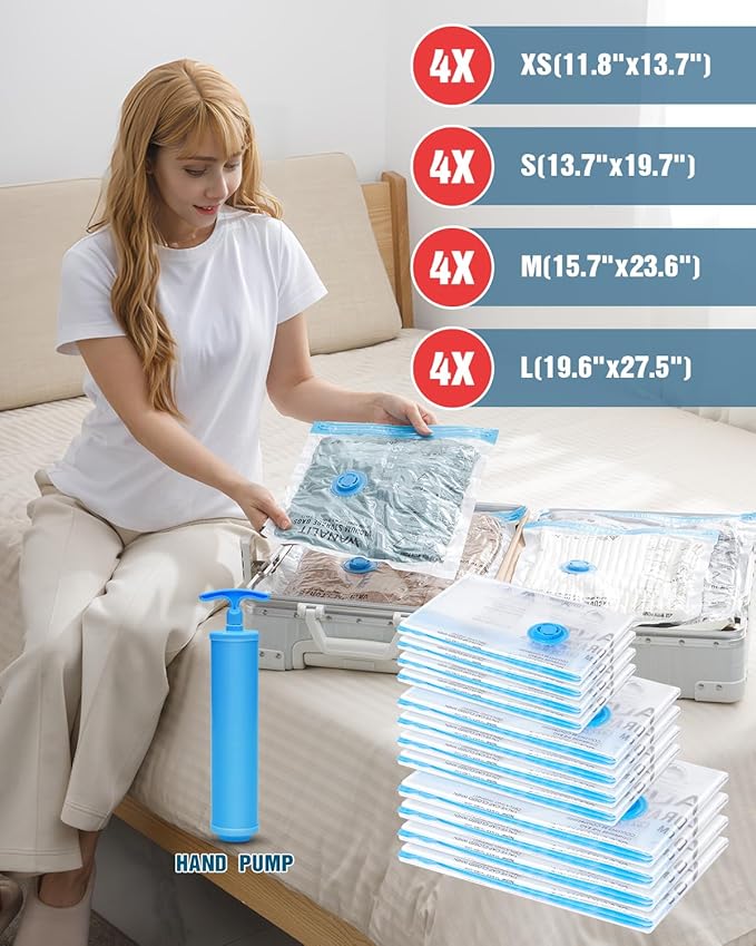 Travel Vacuum Storage Bags with Hand Pump, 16 Pack (4L+4M+4S+4XS) Vacuum Seal Bag Travel Essentials Space Saving Bags for Clothes, Luggage, Carry-on Suitcase, Backpack, Holiday Business Trip