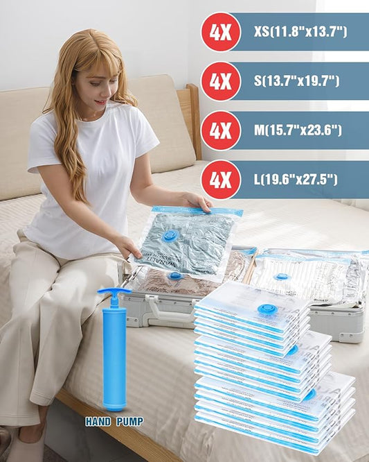 Travel Vacuum Storage Bags with Hand Pump, 16 Pack (4L+4M+4S+4XS) Vacuum Seal Bag Travel Essentials Space Saving Bags for Clothes, Luggage, Carry-on Suitcase, Backpack, Holiday Business Trip